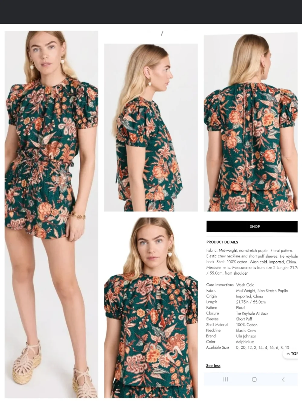 Ulla Johnson Frances Top Floral Puff-Sleeve 100% Cotton Blouse Deep Teal Orange